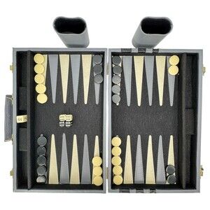 Backgammon Set Black White Checkers Grey Leatherette Case Complete Rules VTG